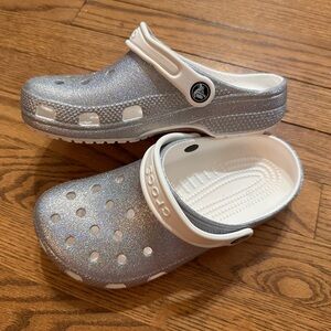 CROCS Kids Glitter Slippers - Shimmering Silver and White